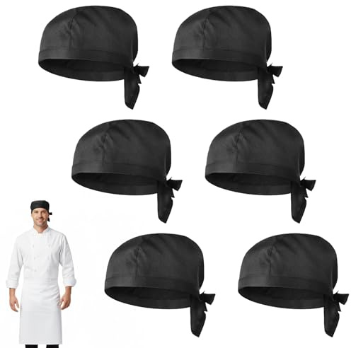 Zyiphor 6 Pezzi Cappello da Cuoco Nero, Cappellino da Chef con Fasce Regolabili, Bandana Cucina Unisex, Cucina Berretto da Lavoro per Adulti, Fornai, Hotel, Ristorante