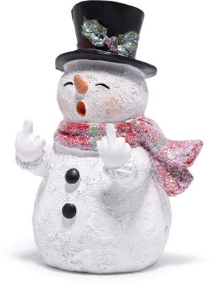 Hodao Winter Funny Christmas Snowman Figurine with Red Scarf & Top Hat Decor – Novelty Middle Finger Snowman Statue for Holiday Decor, Gag Gift, Home, Office Tabletop Decoration