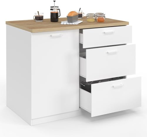 IDMarket – Ilot Central TIBO 110 cm cacerola 3 cajones madera blanca con encimera de haya