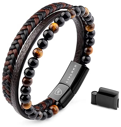 LIVLOKO LONDON - Bracciale da uomo in pelle nera multistrato con perline di pietra, chiusura regolabile in acciaio, cinturino in corda vichinga, surfista, uomo, confezione regalo per fidanzato, papà