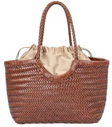 RUHTEUO Handgeflochtene Damen Leder Korb Tasche im Vintage Stil | Einkaufstasche mit lässigem Look für Alltag & Markt(Brown)