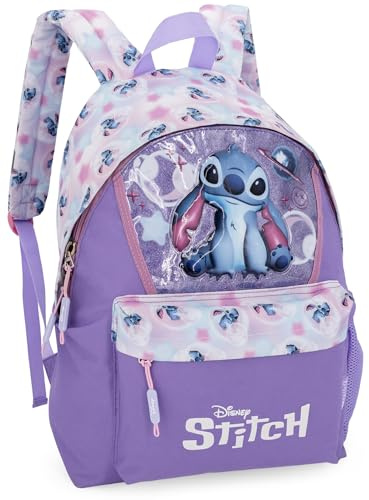 Clondo Zaino Americano Bambina Per Stitch Fan 41x31x18 cm con Spallacci Imbottiti, Divisorio Interno, Tasca Frontale e Porta Borraccia – Per Scuola, Tempo Libero, Viaggi – Lilla