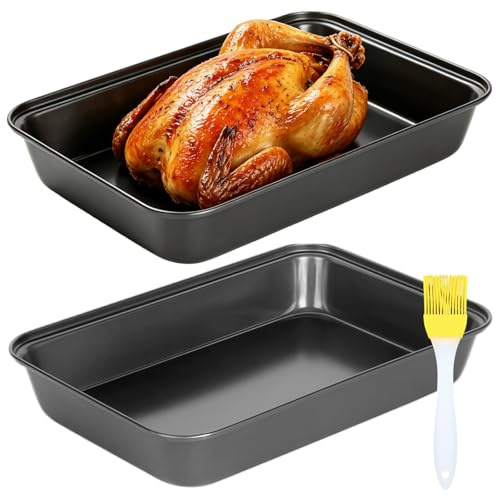 Yuaerbuo 2 Pcs Rectangular Baking Tray Deep with 1 Pc Oil Brush, 32×22×5cm Durable Carbon Steel Oven Trays Non Stick Coating Easy Release Roasting Tray for Chicken Vegetables Cakes Bread