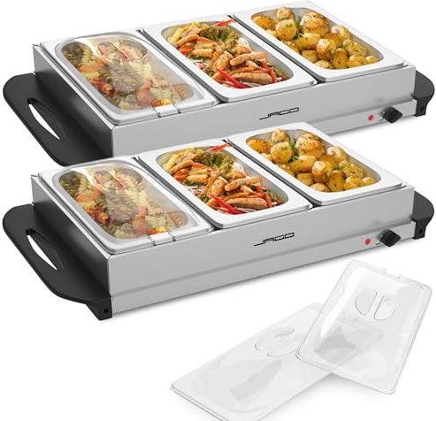 Jago® Calentador Buffet - Set, Eléctrico, Portátil, Acero Inoxidable, Control de Temperatura, 45-85°C, Placas Calefactoras, 3 x 2,5L, Táper - Bandeja para Mantener Alimentos Calientes