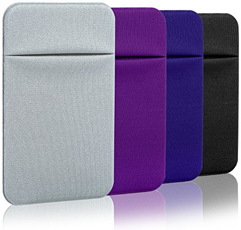 Costyle 4 Pack Credit Card Holder for Cell Phone, Stretchy Lycra Cell Phone Card Holder for Back of Phones Stick on Wallet Pocket Adhesive Sticker for Samsung Galaxy iPhone-Black Blue Purple Grey