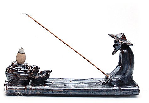 ornerx Ceramic Incense Burner Holder Backflow Ash Tray with Fishing Man Figurine for Sticks