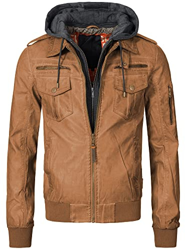 Indicode Hombres Aaron Leather Jacket | Cazadora de cuero sintético con capucha desmontable Brown M