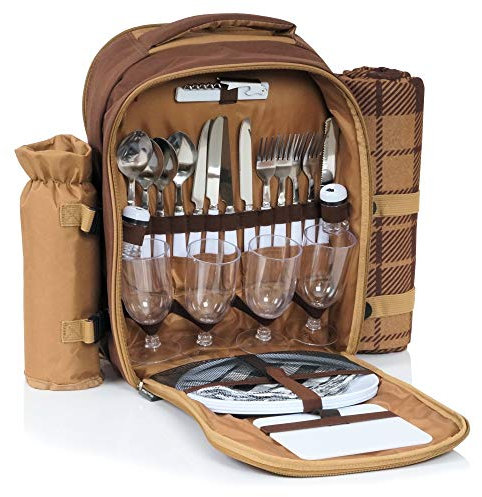 CampFeuer Picknickrucksack für 4 Personen | Braun | Picknickset 32-teilig | inkl. Flaschenhalter und Fleece Decke, großem Kühlfach, Geschirr und Besteck | Wanderrucksack, Campingrucksack