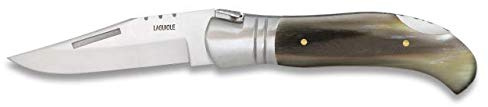 Navaja LAGUIOLE Caza Mango de Asta Toro Hoja de Acero INOX inoxidable de 10 cm para Camping, Caza, Pesca, Supervivencia y Bushcraft Albainox 10699 + Portabotellas de regalo