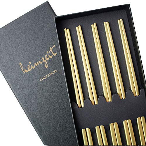 heimzeit Metal Chopsticks Made of Stainless Steel in Gold, 5 Pairs in a Stylish Design, Reusable and Dishwasher Safe