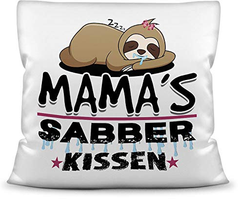 PR Print Royal Kuschel-Kissen inkl. Füllung mit Spruch für Mama - Mamas Sabber-Kissen - Witziges Muttertagsgeschenk/Geschenk-Idee für Mütter/Muttertag Geburtstag - Kissen Weiß