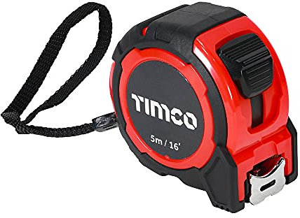 TIMCO 5M Tape Measure - 5m/16ft x 25mm - With locking button, belt clip and hand strap - Metric and Imperial tape measure