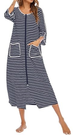 HUAZONG Damen-Morgenmantel mit Reißverschluss, kurz/langärmelig, weich, mit Taschen, Nachtwäsche, marineblau, XXL