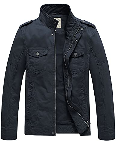 WenVen Giacca Militare Classica in Cotone Giubbotto con Zip Antivento Cappotto Leggero Autunnale Giaccone Casual Tempo Libero Uomo Blu Scuro M