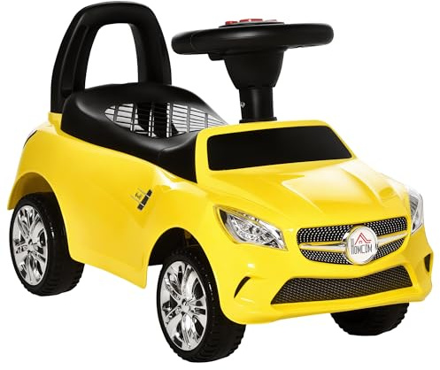 HOMCOM Macchinina per Bambini Cavalcabile con Volante, Fari e Musiche Integrate, Macchina per Bambini in PP e Metallo, 63.5x28x36 cm, Giallo