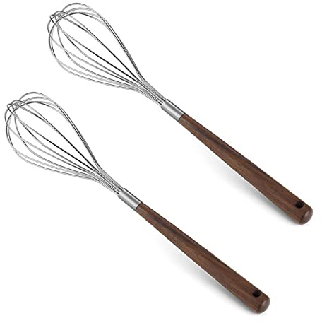UPTALY 2 Pack Stainless Steel Kitchen Whisks with Wooden Handle (11 inch x 2 inch), Egg Beater with Black Walnut Wood Handle, Balloon Shape Wire Whisk, Manual Butter Mixer, Coil Whisk for Blending