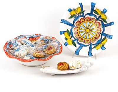 Frutero de cerámica de Caltagirone de estilo carro Siciliano y pastas de almendra con decoración de rueda y limones