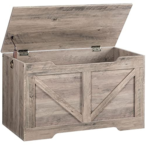 HOOBRO Storage Bench, 29.5” Retro Wooden Storage Chest with U-Shaped Cut-Out Pull, Safety Hinge, Supports 220 lb and Easy Assembly for Toy Box Organizer (Greige) BG77CW01