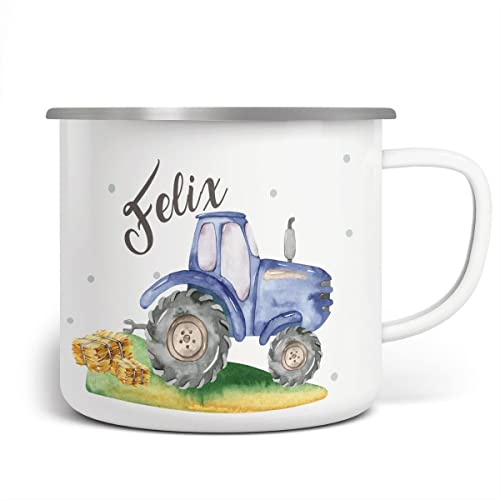 miKalino Emaille Tasse Jungs - Personalisierte Trinkbecher für Kinder - Emaille Becher mit Traktor-Motiv - Kindertasse mit Namen - Weiß