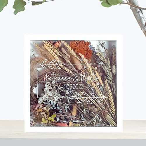 Rahmen für den Brautstrauß | Blätter | bunt und individuell mit Spruch und Namen | Hochzeit | Blumen | Dried Flower | Erinnerung | Deko | Wanddeko (35 x 35 cm, Weisser Rahmen)