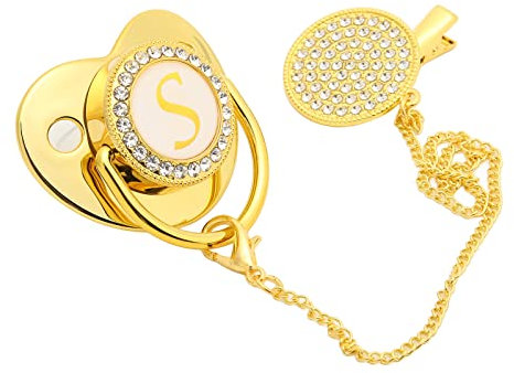 SUNGOOYUE Goldener Baby-Schnuller, 26 Buchstaben, gebogenes Design, Silikon-Bling-Baby-Schnuller mit Clips für 6 bis 18 Monate Baby S