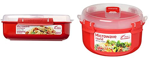 Sistema 1114 Microwave Contenitore, Polipropilene, Rettangolare, 1.25 lt, Rosso, 1.25L & Round Microwave Contenitore per Alimenti Rotondo/terrina da microonde, 915 ml
