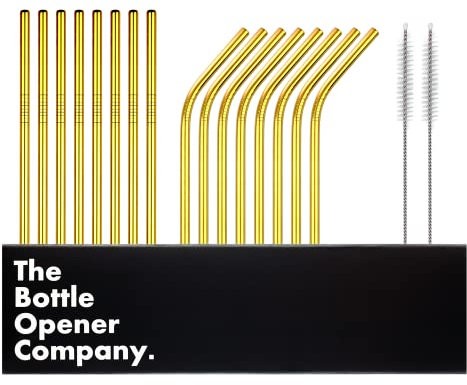 Edelstahl Strohhalme - 16 Metall Strohhalme im Set mit 2 Reinigungsbürsten - Umweltfreundlich - Spülmaschinenfest - Wiederverwendbar (Gold) - 21,5 cm - 6 mm Ø