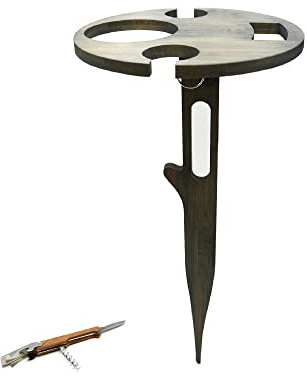 UNUS Garden Weintisch klappbar Outdoor, Weinhalter aus Bambus Holz, grau | Weinglashalter für Picknick, Camping oder Garten, inklusive Taschenmesser mit Korkenzieher und Flaschenöffner