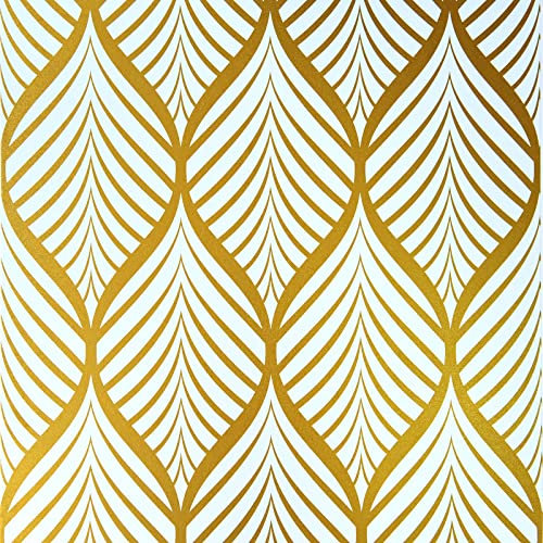 JOLIHOME Geometrische Muster Tapete Gold und Weiß Moderne Minimalistische Wasserdichte Selbstklebende Tapeten für Küchen Badezimmer Wohnzimmer Schlafzimmer Wandaufkleber 44,5X1000cm