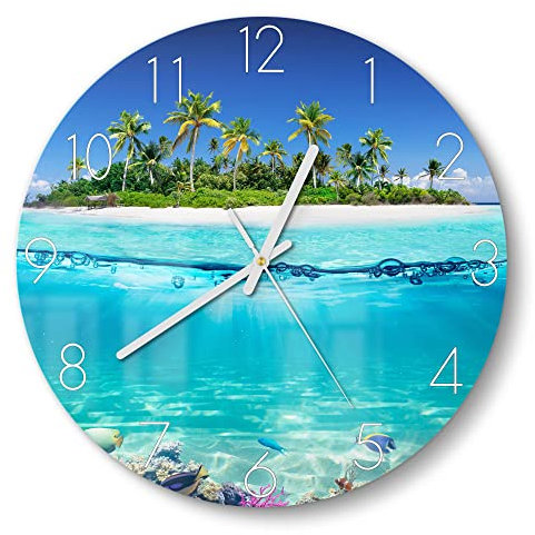 DEQORI Glasuhr | rund Ø 30 cm | Motiv Insel im tropischen Meer | ausgefallene leise Design Uhr aus Glas | Wanduhr für Wohnzimmer & Küche | Moderne Hingucker Uhr für die Wand