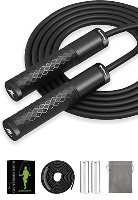 BURNCALO Gewichtetes Springseil für Fitness, Springseil für Männer und Frauen, Metall-schwere Griffe, Kugellager, verhedderungsfrei, verstellbare Länge PVC-Schnur und Baumwollseil, Übung, Workout