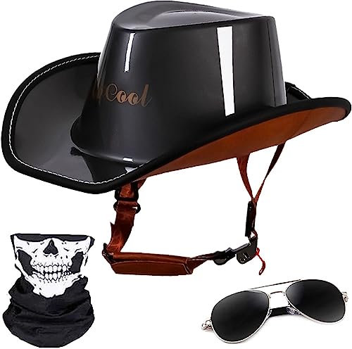 Halbschalenhelm mit ECE, Mode Sommer Western-Cowboyhut Schädelkappe Halbschalenhelm, Retro Motorrad Helm, Scooter-Helm, Offenem Helm, für Cruiser Chopper Biker Moped