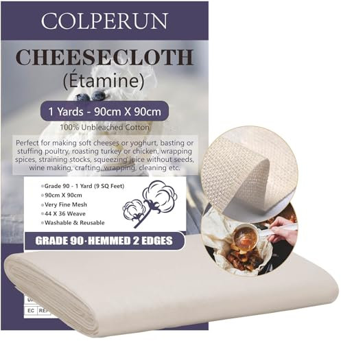 Colperun Tela para Queso Grande 90 x 90cm - Muselina Grado 90 - Tela Filtrante para Cocina, Zumos y Queso - Algodón Sin Blanquear y Reutilizable