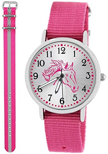 Pacific Time Kinderuhr Mädchen Pferdeuhr rosa Pferdekopf 2 Armbänder | Geschenk für Mädchen: rosa Pferdekopf, Sunray-Zifferblatt, 2 Armbänder, fluoreszierende Zeiger, 5 ATM wasserdicht