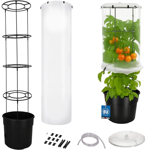 KOTARBAU® Tomattorn 150 cm med tomatkåpa tomatkruka, växtstöd för tomater, gurkor, grönsaker, anpassningsbara spaljé, växttorn ⌀ 40 cm blomkruka, växtkruka, svart plast