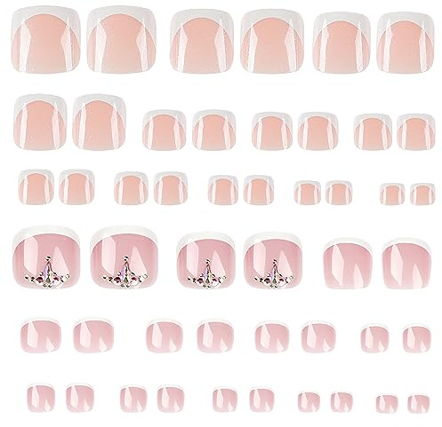MWOOT 48 Pièces (2 Paquets) Faux Ongles d'Orteil, Strass à Couverture Complète, Colle Acrylique Française sur Ongles d'Orteil avec Kit de Manucure, d'Extension d'Ongles pour Décoration d'Ongles