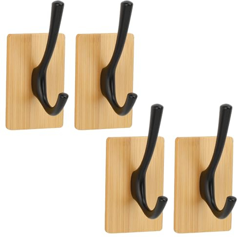Segus Haken Selbstklebend, 4 Stück Bambus Haken, Klebehaken Extra Stark, Handtuchhaken Bambus, Wandhaken, Klebehaken Schwarz für Jacke, Schal, Hut (Küche, Wohnzimmer, Büro)