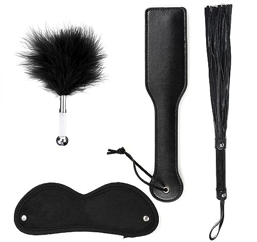 4er Set Peitschen,Augenmaske, Flogger und Gerte, Federkitzler Massage Federstab, Augenbinde Flogger Fetisch Fesseln Sexspielzeug für Paare (Schwarz)