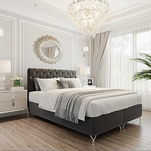 FURNISTAR Boxspringbett GracePLUS 180x200 Schwarz Doppelbett Bett mit Bonellmatratze Topper und Bettkasten Glamour Polsterbett mit silbernen 12 cm Beinen Modern Schlafzimmer Vintage Schlafzimmerbett