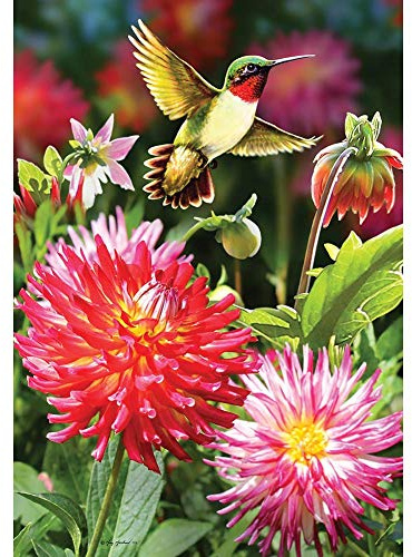 Colibri Dahlias – Taille standard, drapeau décoratif double face, sous licence et copyright – Imprimé aux États-Unis par Custom Decor Inc. 31,8 x 45,7 cm environ, multicolore,
