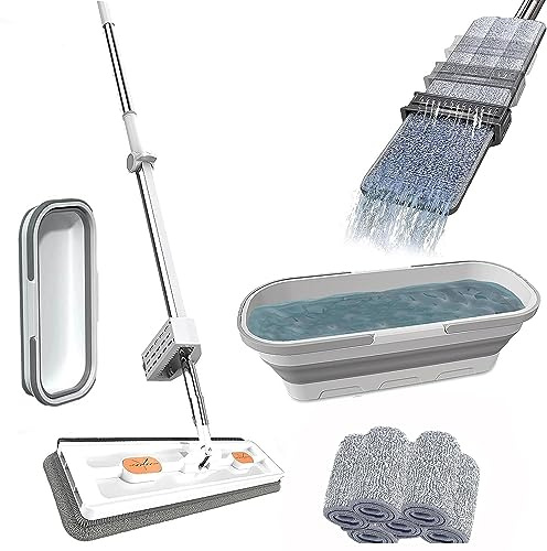 Grande scopa piatta, set con secchio, lavapavimenti con funzione di strizzatura, girevole a 360°, set con 6 cuscinetti in microfibra, mocio per piastrelle in legno duro
