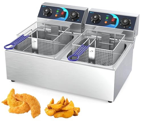 RUYICZB Friteuse Electrique Professionnelle 2X10l, Friteuse À Double Cuve Indépendantes, Principe De La Zone Froide, Température 60-200°C, Panier À Friture, Famille Restaurant Commercial Frites