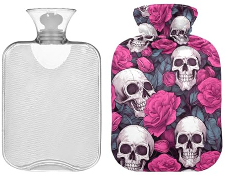 Botella de agua caliente de calaveras y rosas rosas con bonita cubierta, bolsa de agua caliente de invierno de 1 litro para calambres menstruales, cuello, hombros, alivio del dolor de espalda, terapia