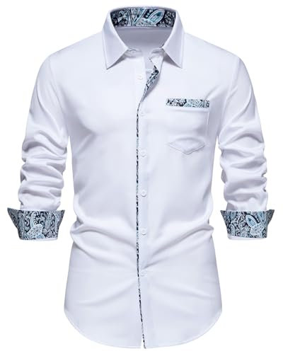 MakingDa Men's Inner Contrast Dress Shirt Paisley Business Casual Smart Formal Classic Long Sleeve Regular Fit Button Down Wedding Party Work Shirts with Pockets-A355-White-S