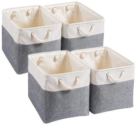 Mangata Aufbewahrungsbox, 33x38x33cm Aufbewahrungskorb Stoff, Box in Würfel für Schrank, Regal, und Kleidung(Kühles Grau/Weiß, 4er Pack)