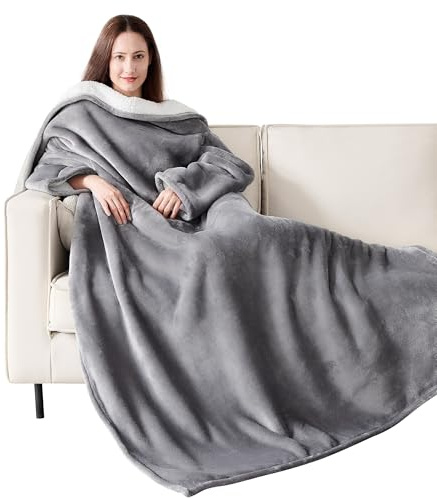 NORD ECO Wearable Blanket with Sleeves, Cozy Wearable Blanket with Arms and Pockets for Women Men, Warm TV Wrap Throw Blanket Robe as Gifts for Mom Wife, Grey