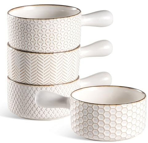 Gooditour French Onion Soup Bowls - 20 Oz Ceramic Soup Crocks with Handles - Embossed Stoneware Bowls for Soup Chili Beef Stew - Microwave Dishwasher Oven Safe - Set of 4