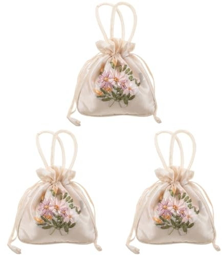 VALICLUD Damen 3er-Set Handtasche Clutch Bag Bestickte Tasche Mumientasche Beuteltasche Kordelzug Hanfu Handytasche Weiß Clutch Geldbörsen Für Damen Mini Beige Seide