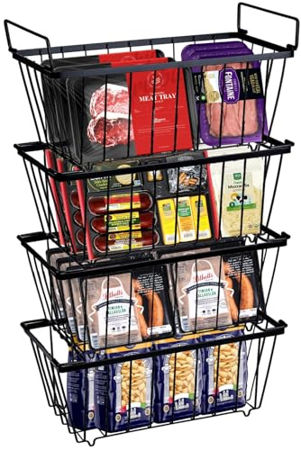 Restorgan Chest Freezer Organizer, 4 Pack Freezer Baskets for Chest Freezer, Ice Cream, Deep Freezer Organizer Bins With Handles Stackable Wire Freezer Storage Basket - Black