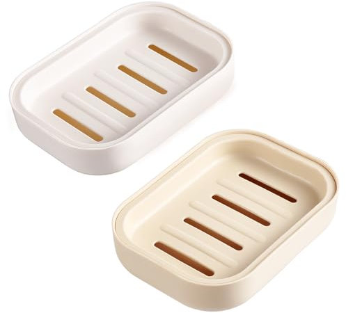 HonGien 2 Stück Seifenschale Ovale Seifenschale mit Ablauf Seifenablage Seifenschale aus Kunststoff Seifenhalter rutschfest und Robust für Badezimmer, Küche, Zähler, Dusche(beige und Khaki)